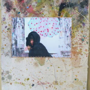 o.T. aus der Serie "studiojumps", Fotografie auf bemalter Leinwand, genäht, 1/3, ca 38cm x 32cm, 2017